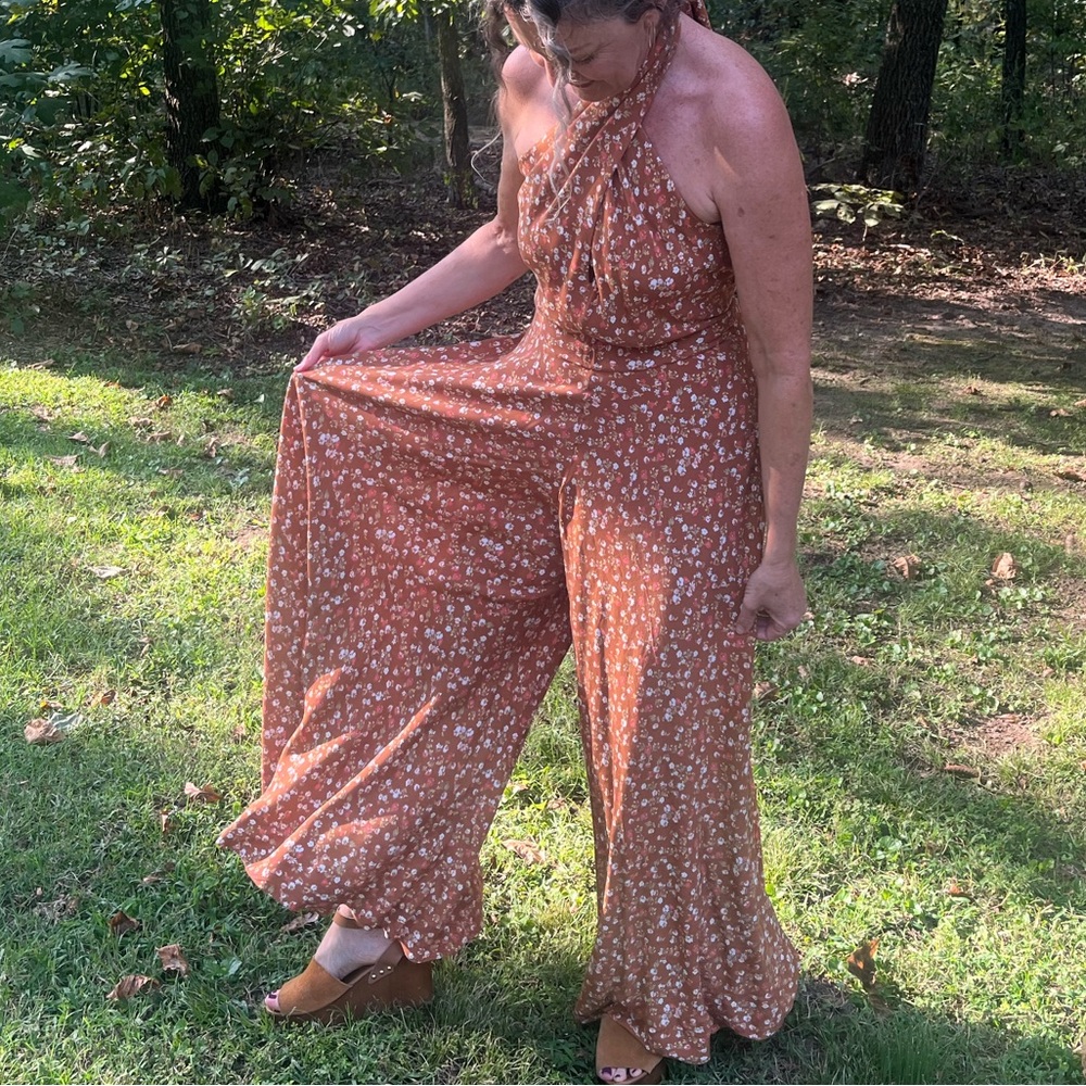 Vintage Floral Halter Neck Palazzo Jumpsuit - Small